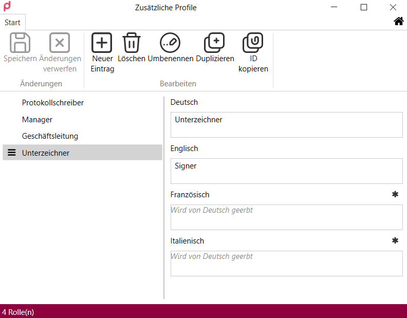 Fenster «Zusätzliche Profile» mit dem Rollenkatalog und den Anzeigenamen pro Sprache