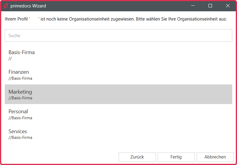 Organisationseinheit im Einrichtungsassistenten auswählen
