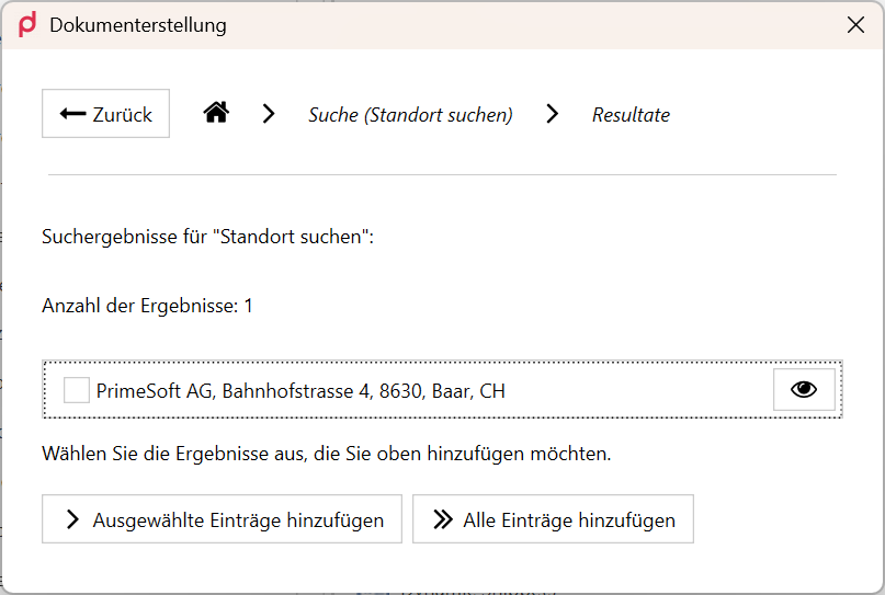 Suchresultat des CodeDataProviders im Dokumenterstellungs-Dialog