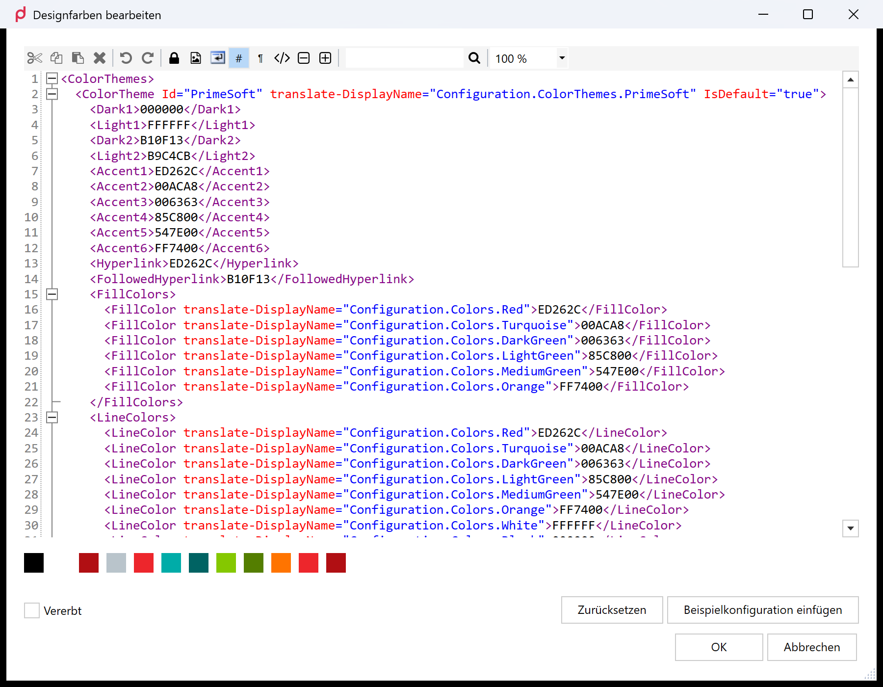 Dialog Designfarben bearbeiten in primedocs Desktop mit dem XML eines Farbthemas, darunter die Farbvorschau, das Kontrollkästchen Vererbt und die Schaltflächen Zurücksetzen und Beispielkonfiguration einfügen