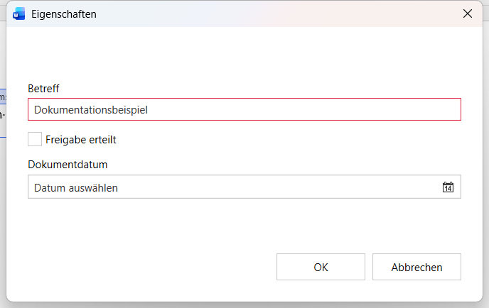Eigenschaften-Dialog mit leerem Dokumentdatum