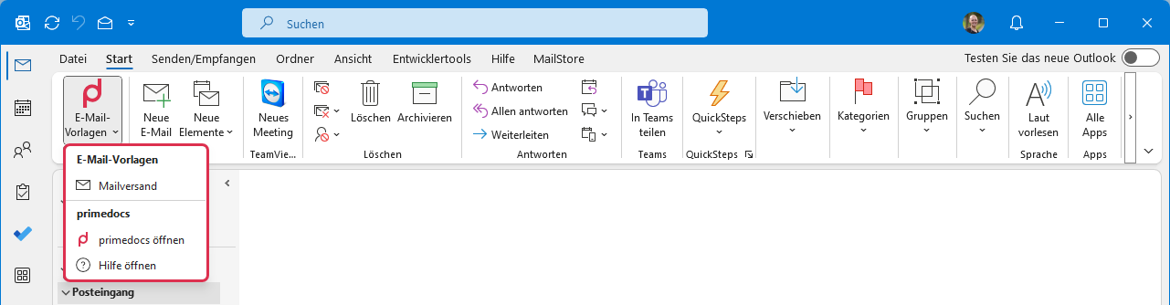 Schaltfläche «E-Mail-Vorlagen» im Outlook-Hauptfenster