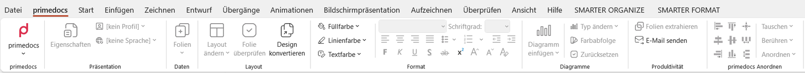 Registerkarte primedocs in PowerPoint