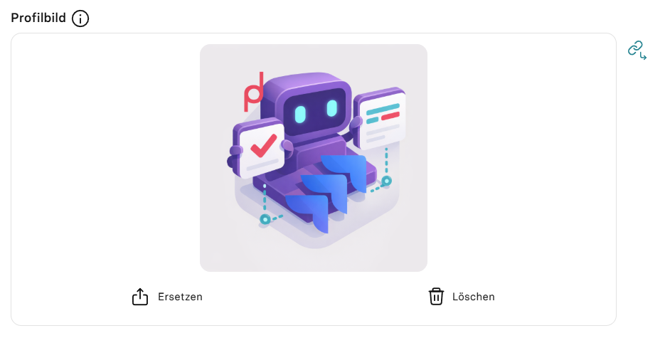 Profilbild mit dem Kettensymbol für «Übernommen» und den Schaltflächen «Ersetzen» und «Löschen»