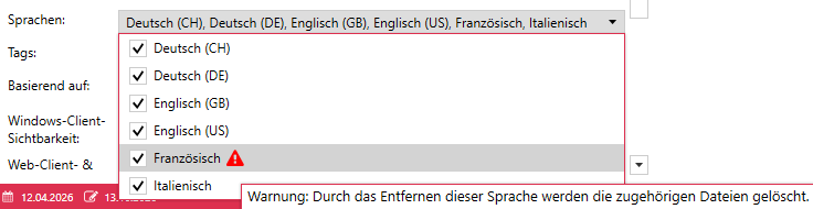Sprachen-Dropdown mit Warnsymbol bei Französisch