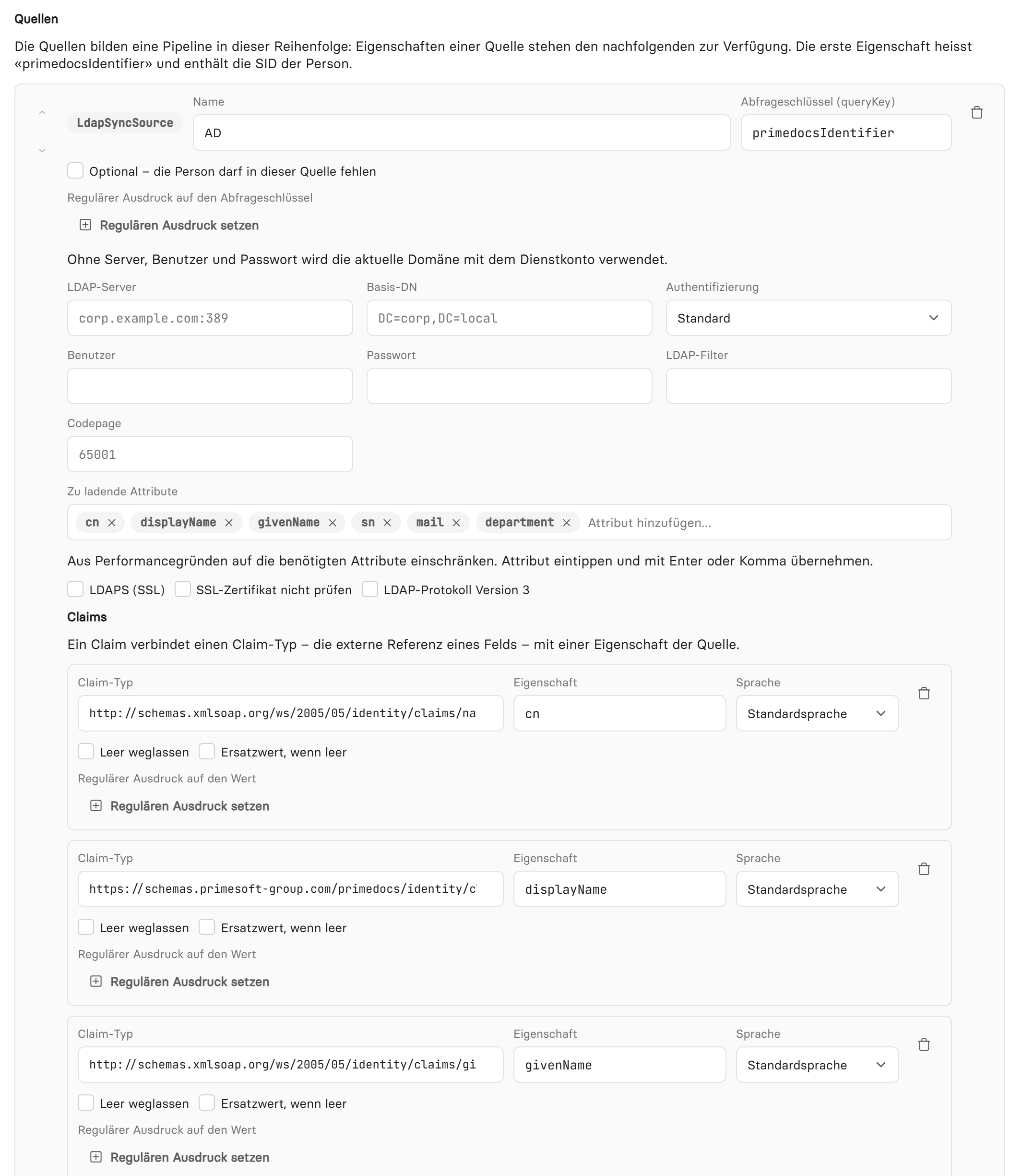 Visueller Editor der Benutzersynchronisation mit Quellen und Claims