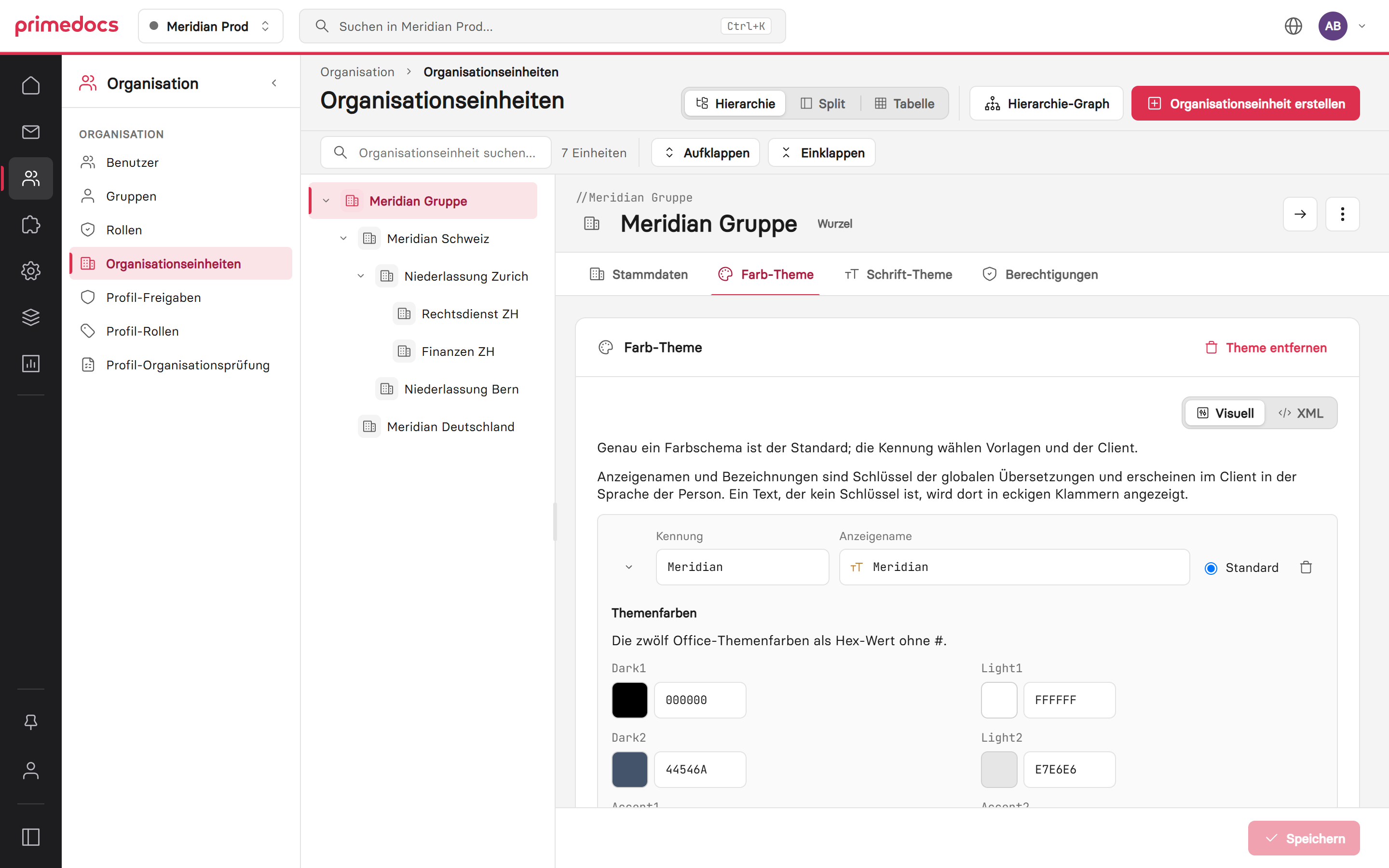 Web-Admin: Organisationseinheit «Meridian Gruppe» mit geöffnetem Tab Farb-Theme in der visuellen Bearbeitung