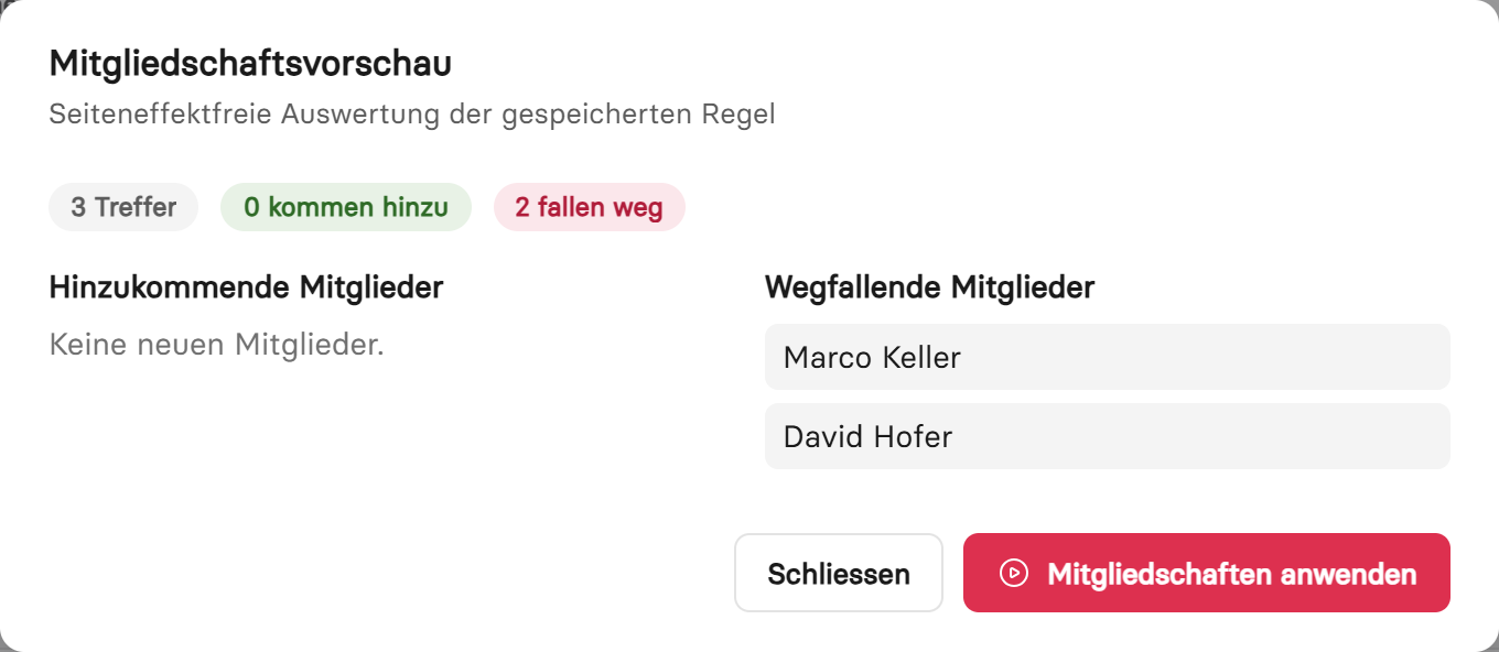Mitgliedschaftsvorschau einer dynamischen Gruppe mit hinzukommenden und wegfallenden Mitgliedern