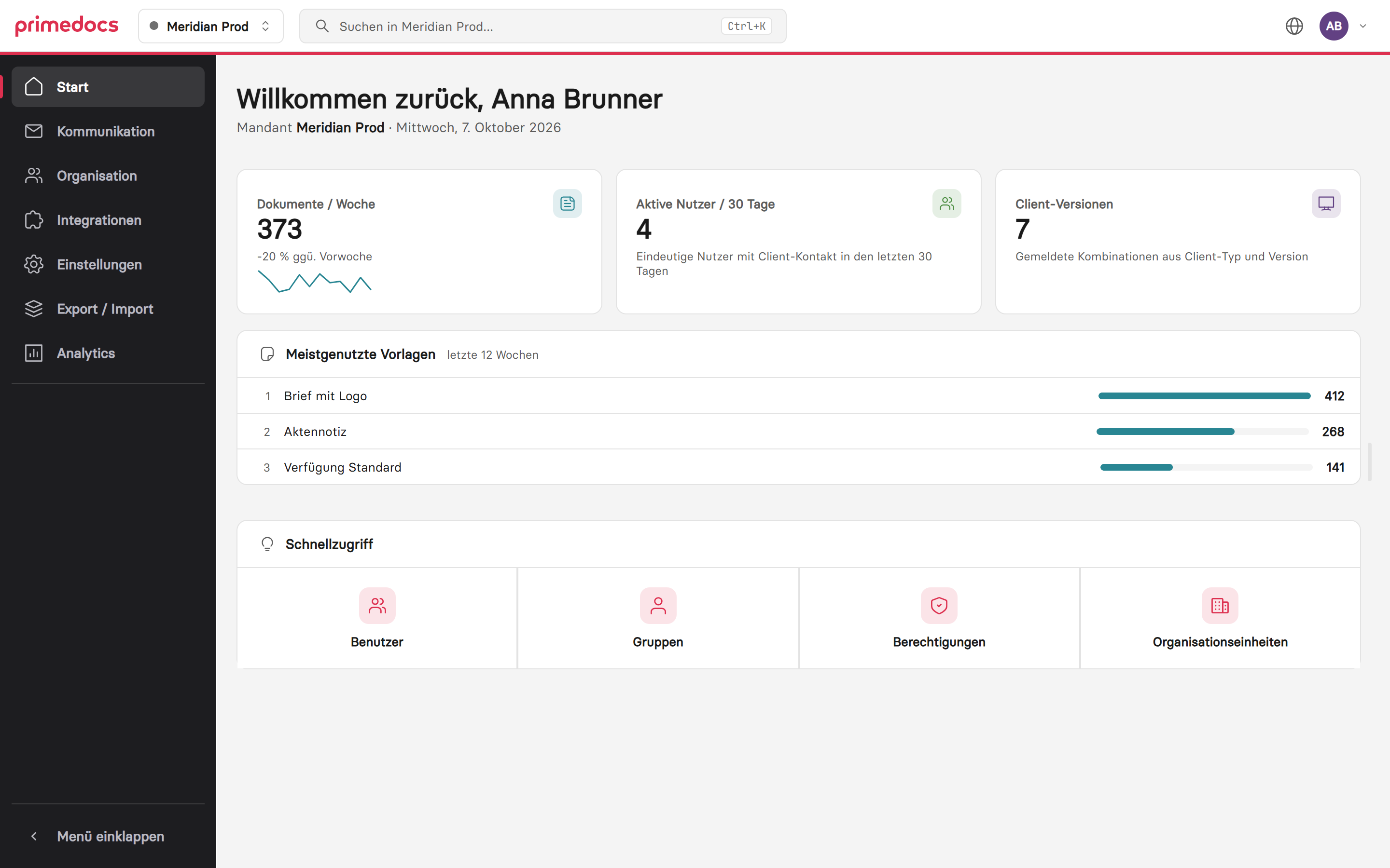 Startseite des Web-Admin mit Kennzahlen, meistgenutzten Vorlagen und Schnellzugriff