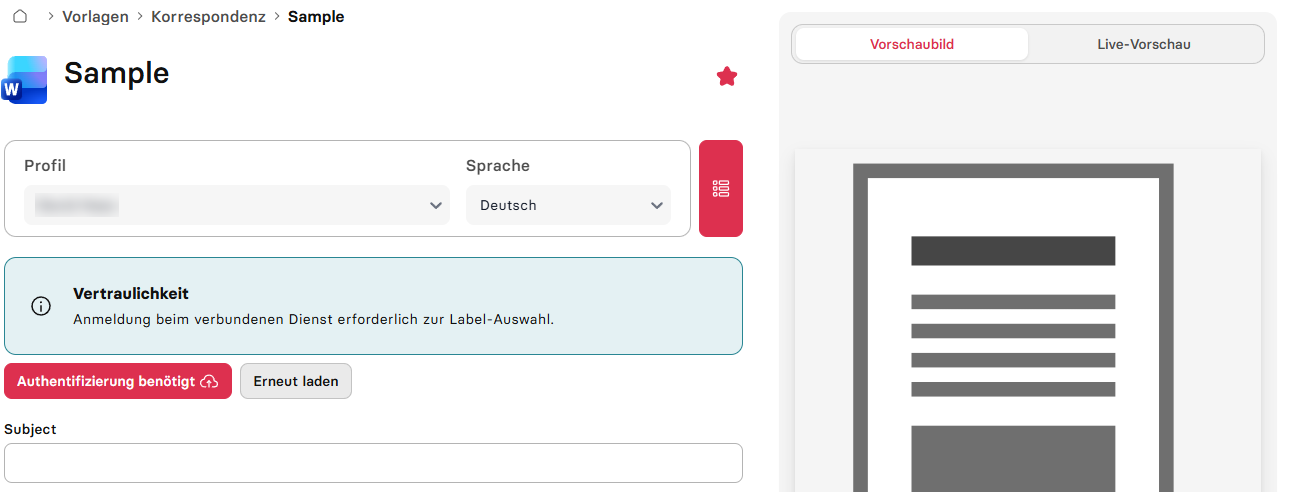 Vorlagenformular mit Profil, Sprache, Feldern und Vorschau