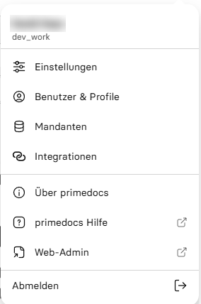 Benutzermenü mit Einstellungen, Profilen, Mandanten, Integrationen und Hilfe