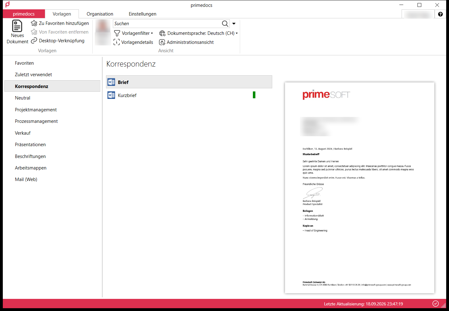 "Templates" tab in primedocs Desktop