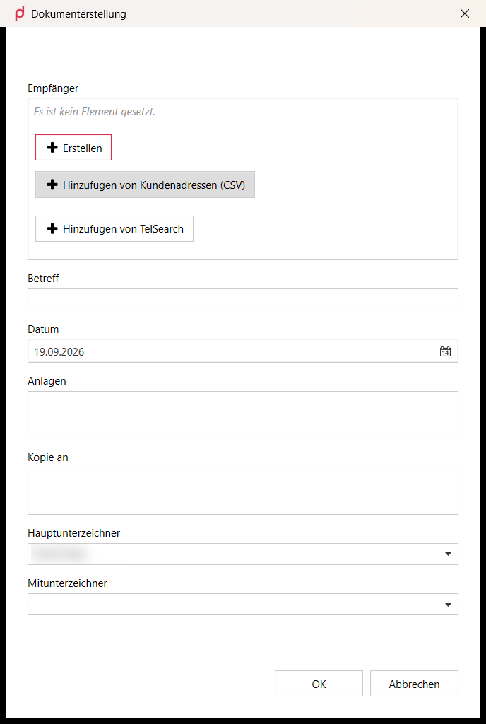 Properties dialog with recipient section, subject, date and signatories
