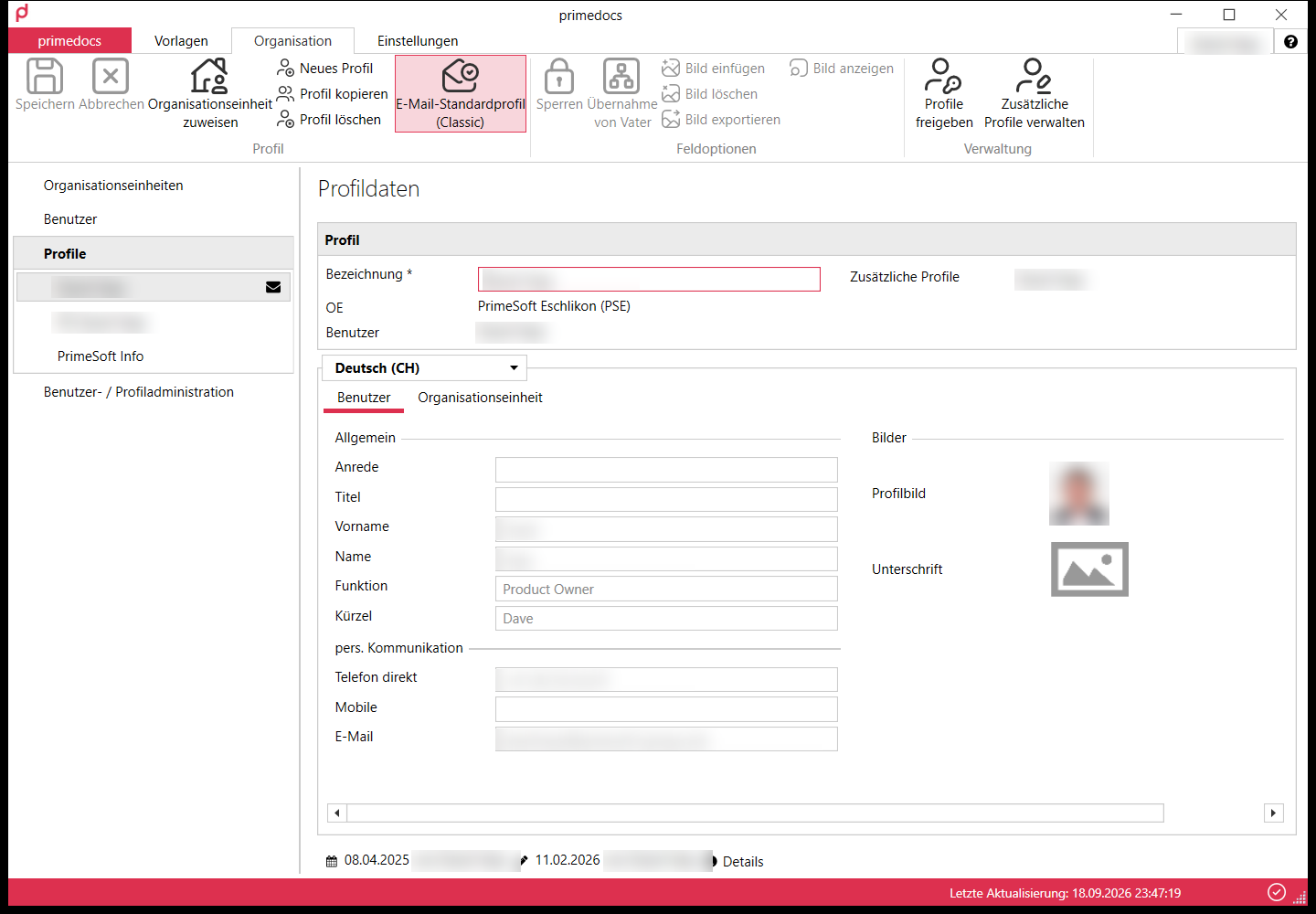 "Organisation" tab with profile