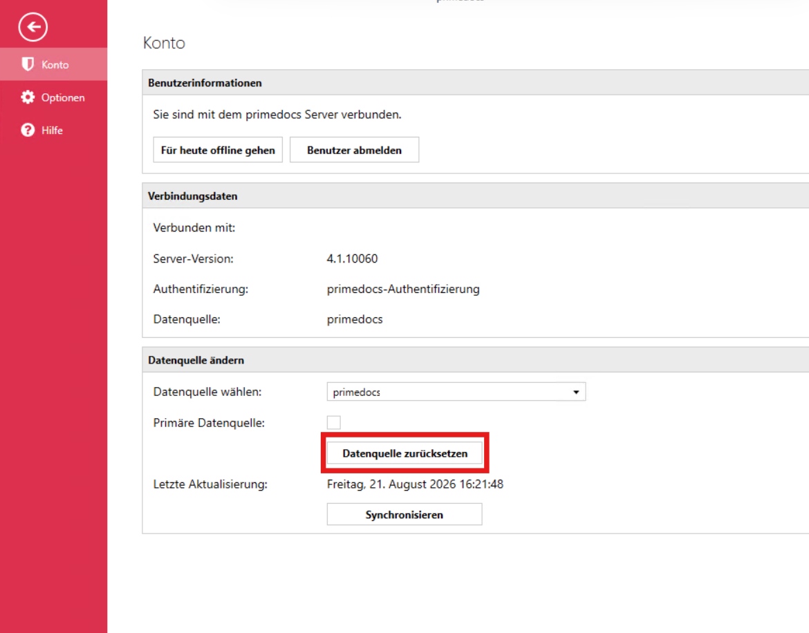 The "Reset data source" button in the "Account" area