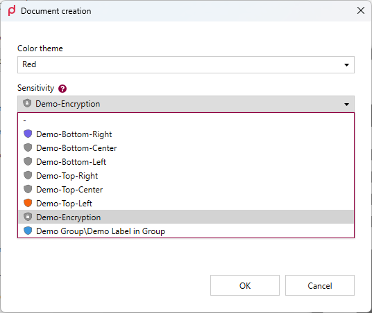 Choosing the sensitivity label in the generation form of the desktop client