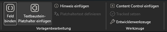 The «Templating» and «Tools» groups in the Word ribbon (German UI)