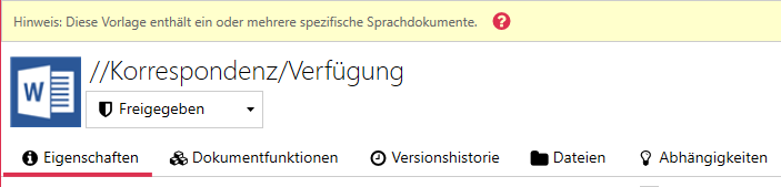 Note bar in the template editor for a template with language-specific files