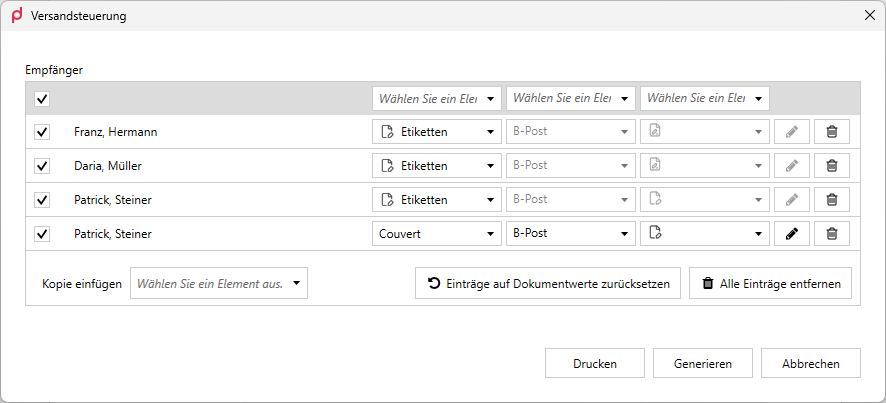 Dispatch Manager dialog with recipients assigned to targets