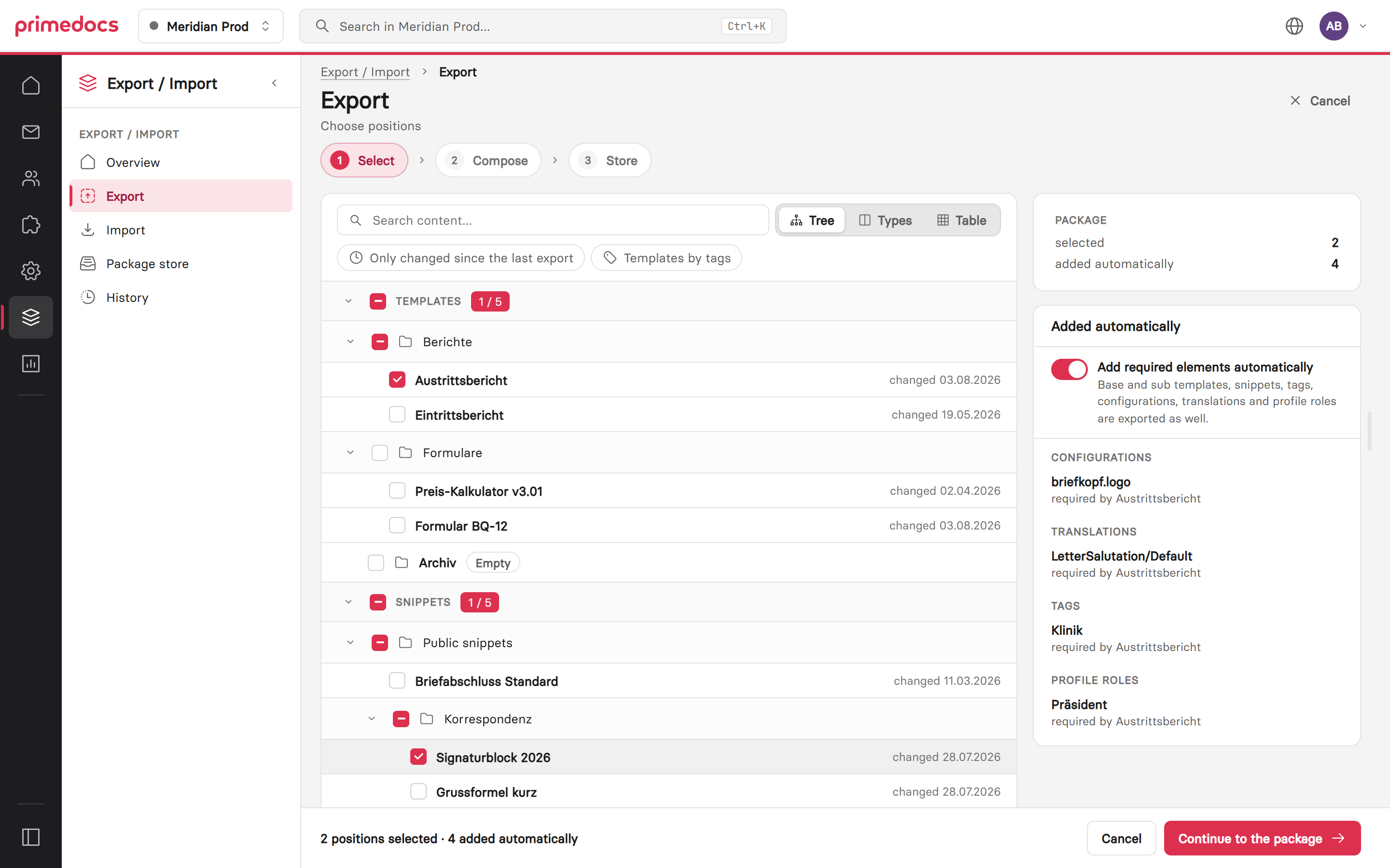 Export: selecting positions in the tree with the selection aids and the summary of the elements added automatically