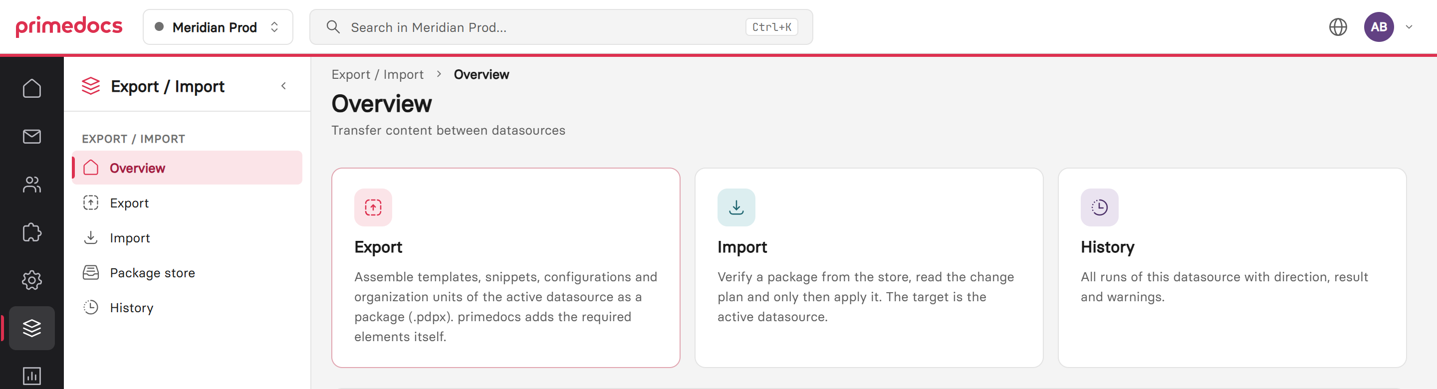 Export / Import area with its own entry in the main navigation and the entry points Export, Import and History