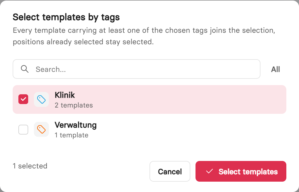 «Select templates by tags» dialog with the tags, the number of templates and the tag colour