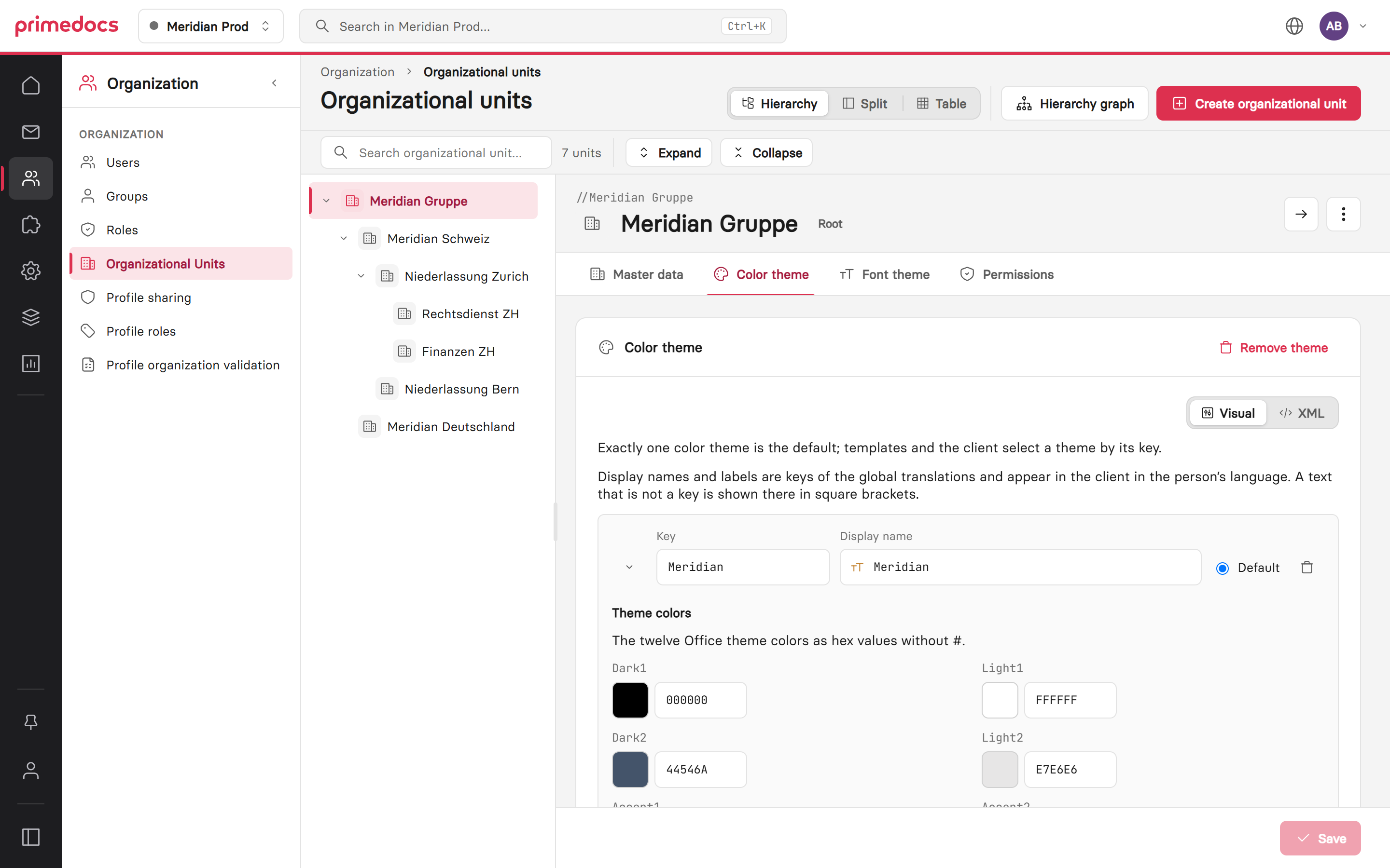 Web Admin: organizational unit «Meridian Gruppe» with the Color theme tab open in visual editing