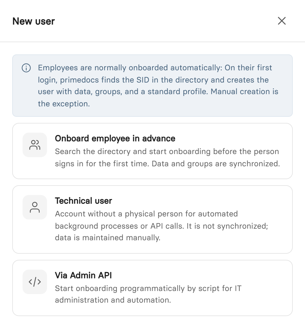 «New user» dialog with the three ways of onboarding