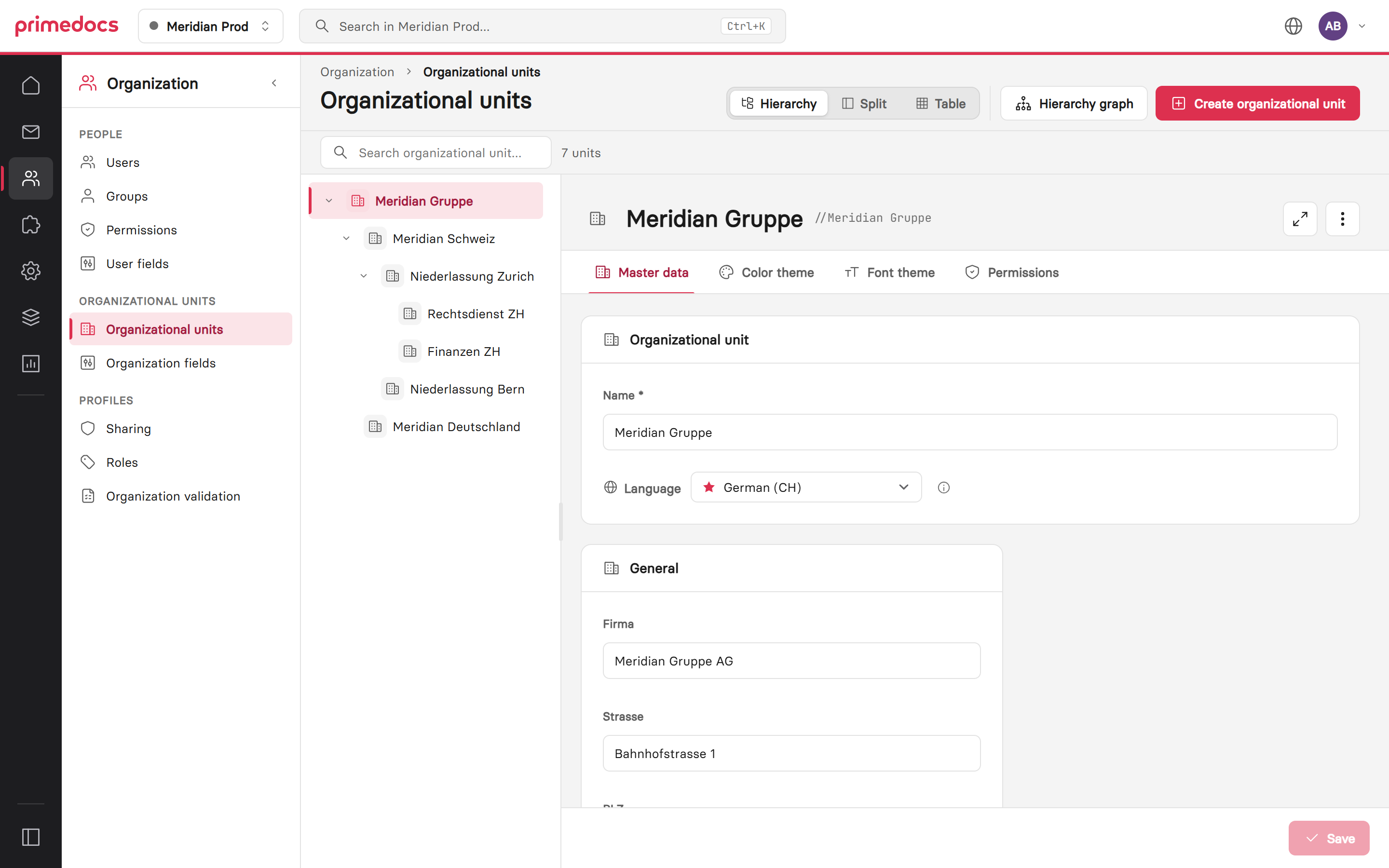 Organizational units in the hierarchy view with an opened unit