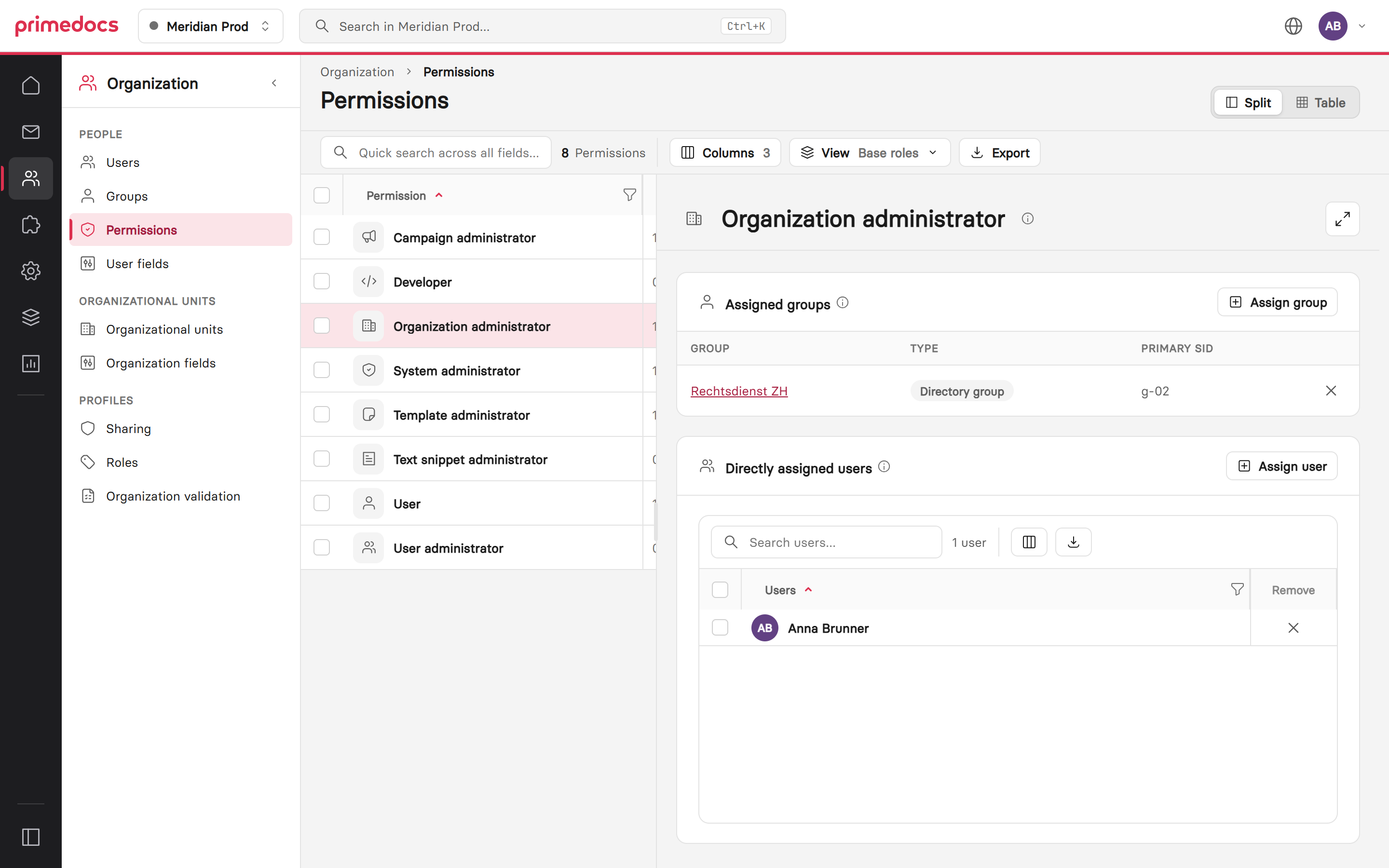 «Organization administrator» permission with assigned groups and directly assigned users