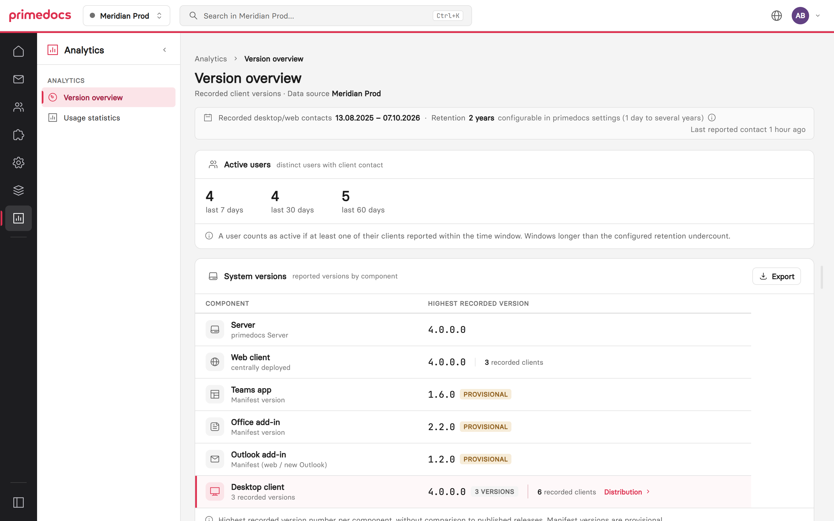Version Overview with active users and system versions