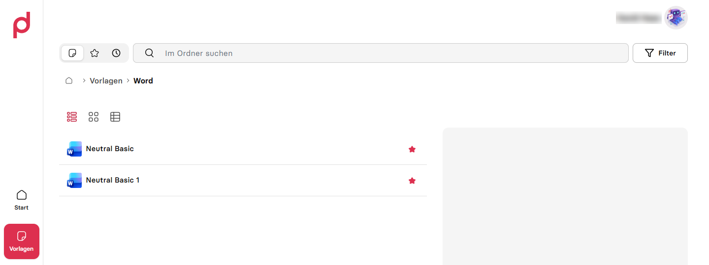 Template overview with search box, breadcrumb and view switch