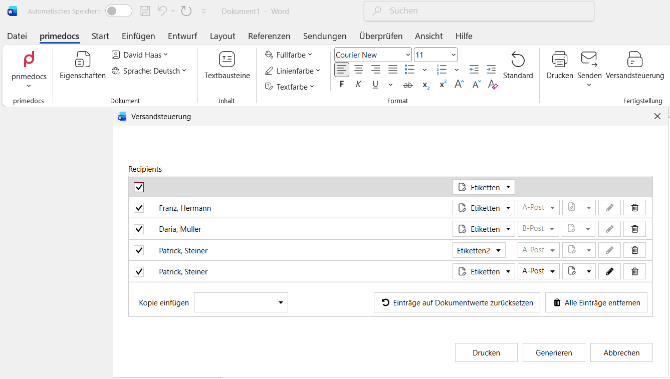 "Dispatch Manager" dialog with recipient list, labels, dispatch type and the "Print" and "Generate" buttons