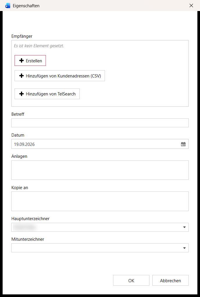 Reopened properties dialog in Word with recipient, subject, date and main signatory