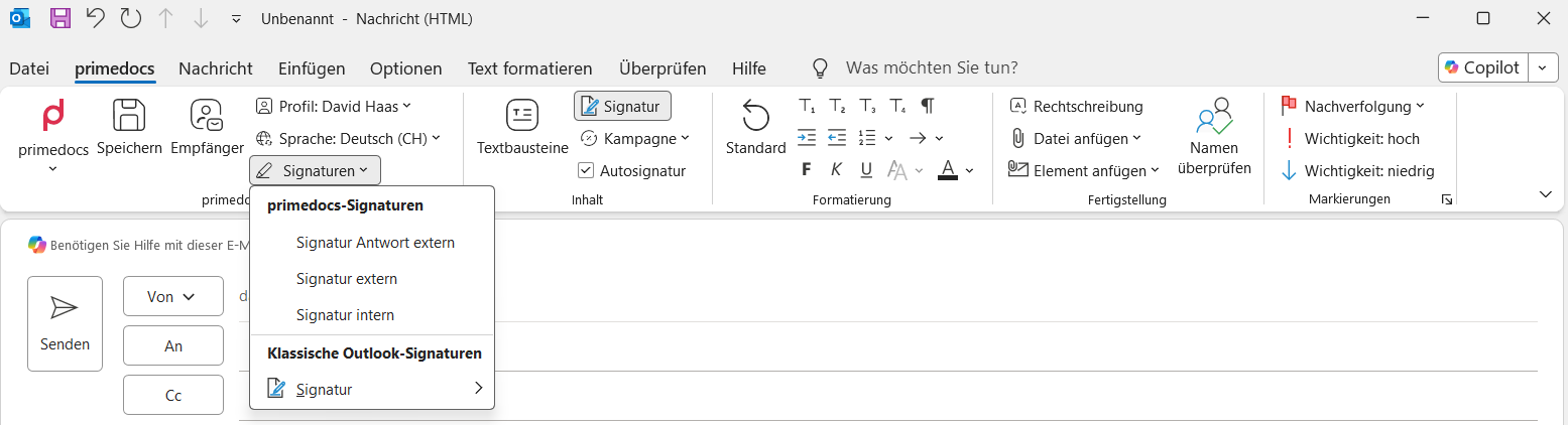 Menü «Signaturen» mit primedocs-Signaturen (intern, extern, Antwort extern) und klassischen Outlook-Signaturen