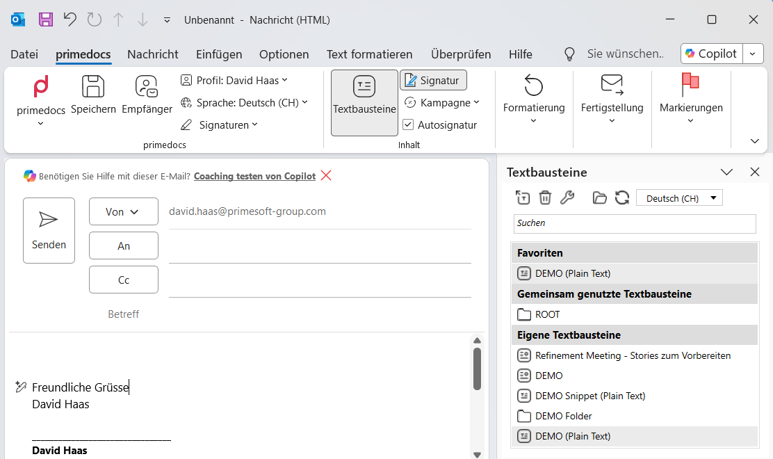 Snippet-Leiste in Outlook mit Favoriten, gemeinsam genutzten und eigenen Snippets