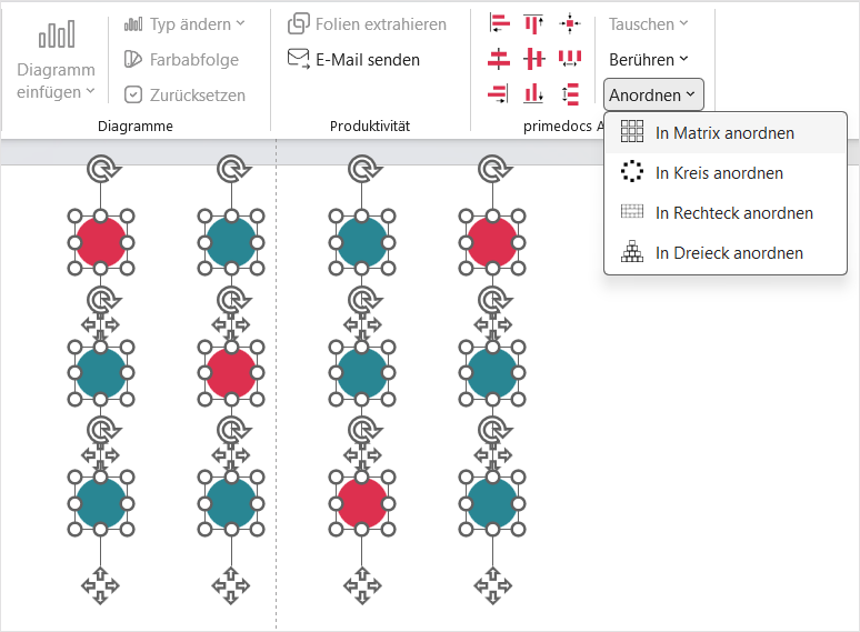 Menü «Anordnen» mit Matrix, Kreis, Rechteck und Dreieck