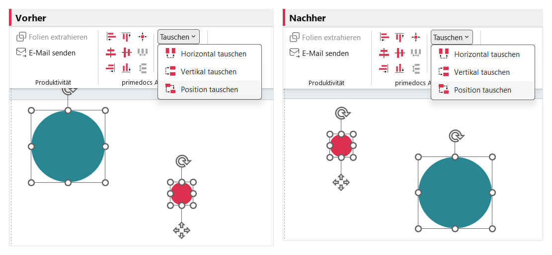 Vorher/Nachher: «Position tauschen» vertauscht zwei Objekte