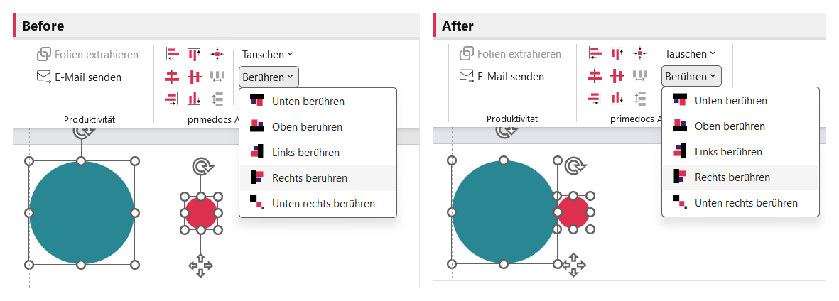 Before/after: 'Touch right' pushes the object flush against the right edge of the reference object