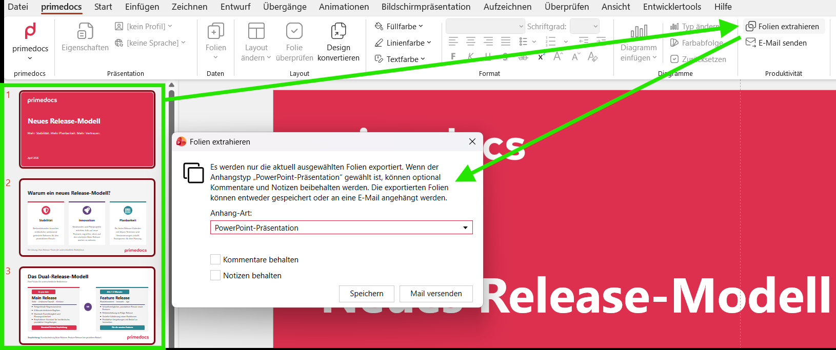Dialog «Folien extrahieren» mit Bezug zur Schaltfläche «Folien extrahieren» oben rechts