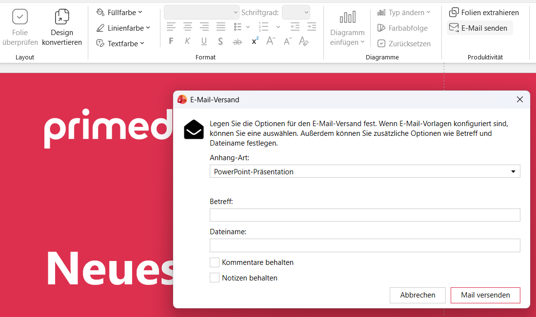 Dialog «E-Mail-Versand» mit Anhang-Art, Betreff und Dateiname