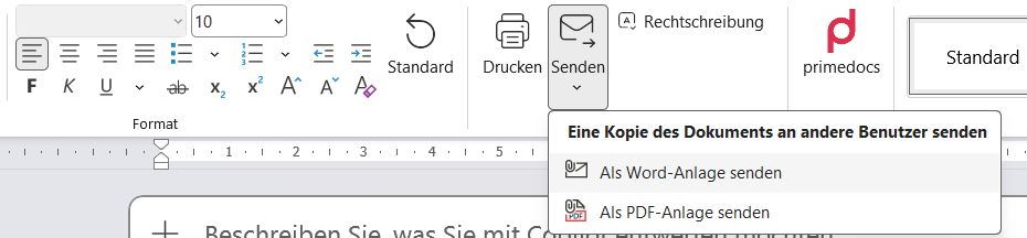 Menü «Senden» mit «Als Word-Anlage senden» und «Als PDF-Anlage senden»